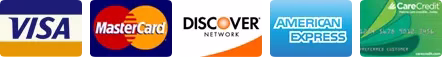 Forms of payment including Visa, Mastercard, Discover, American Express, and CareCredit